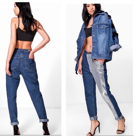 Boohoo High Rise Sequin Boyfriend Jeans - Picture 1 of 11